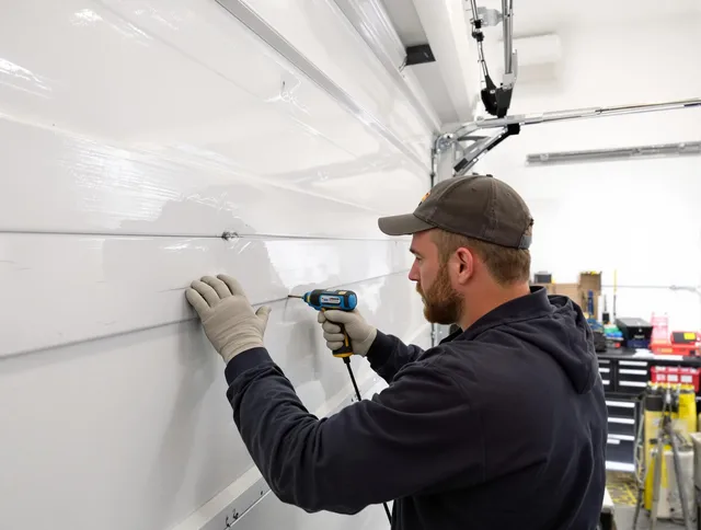 Port Wentworth Garage Door Repair technician demonstrating precision dent removal techniques on a Port Wentworth garage door